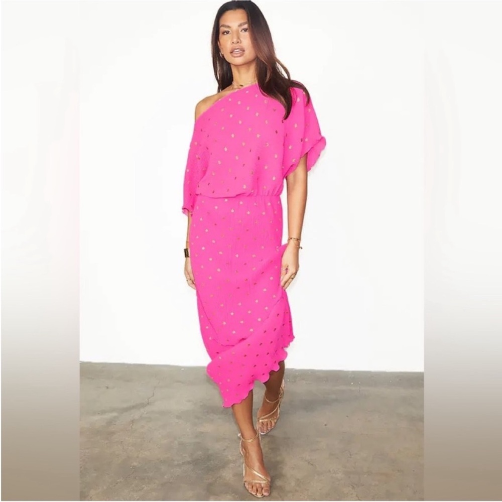 Never Fully Dressed Hot Pink One-Shoulder Midi Dress with Gold Dot Detail